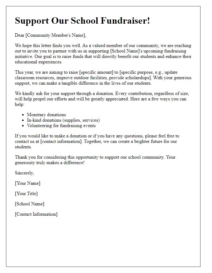 Letter template of a school fundraising appeal for community support