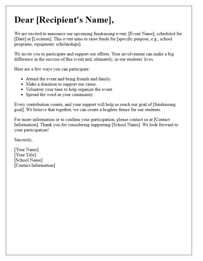 Letter template of a school fundraising campaign for event participation