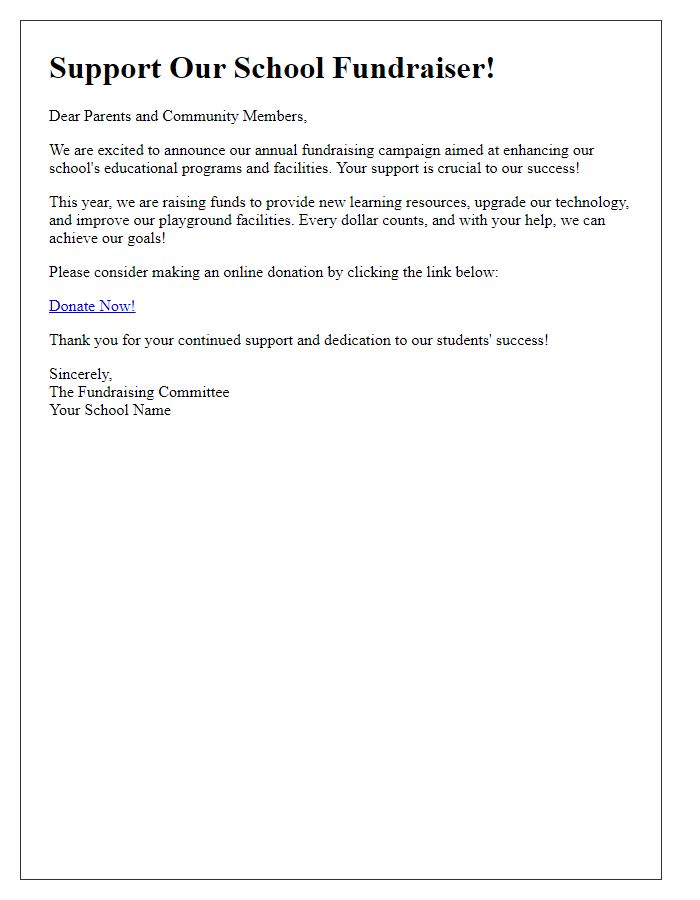 Letter template of a school fundraising message for online donations