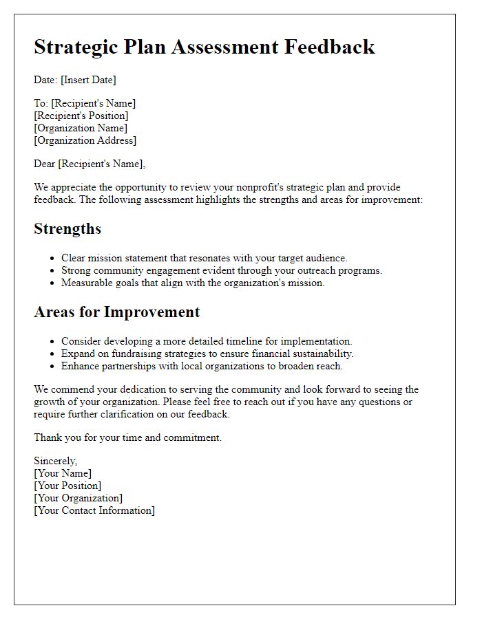 Letter template of nonprofit strategic plan assessment feedback