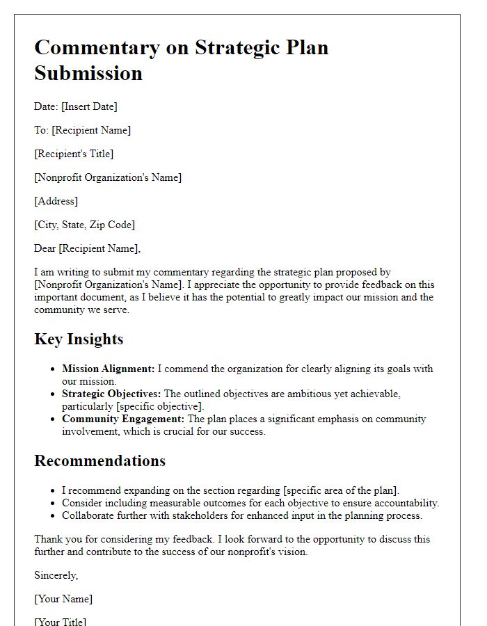 Letter template of nonprofit strategic plan commentary submission