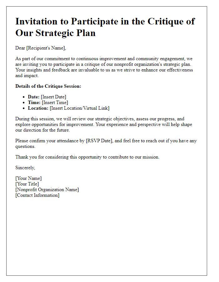 Letter template of nonprofit strategic plan critique invitation