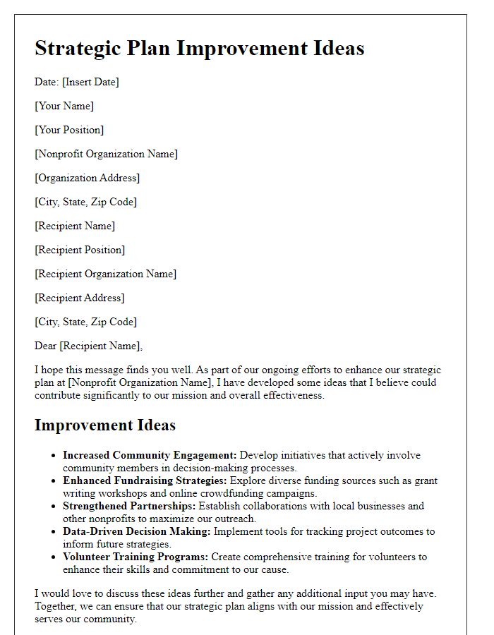 Letter template of nonprofit strategic plan improvement ideas