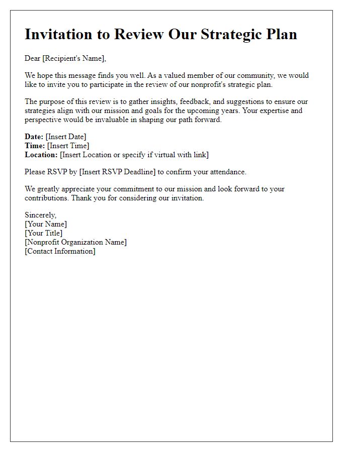 Letter template of nonprofit strategic plan review invitation