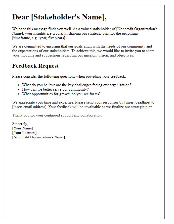 Letter template of nonprofit strategic plan stakeholder input