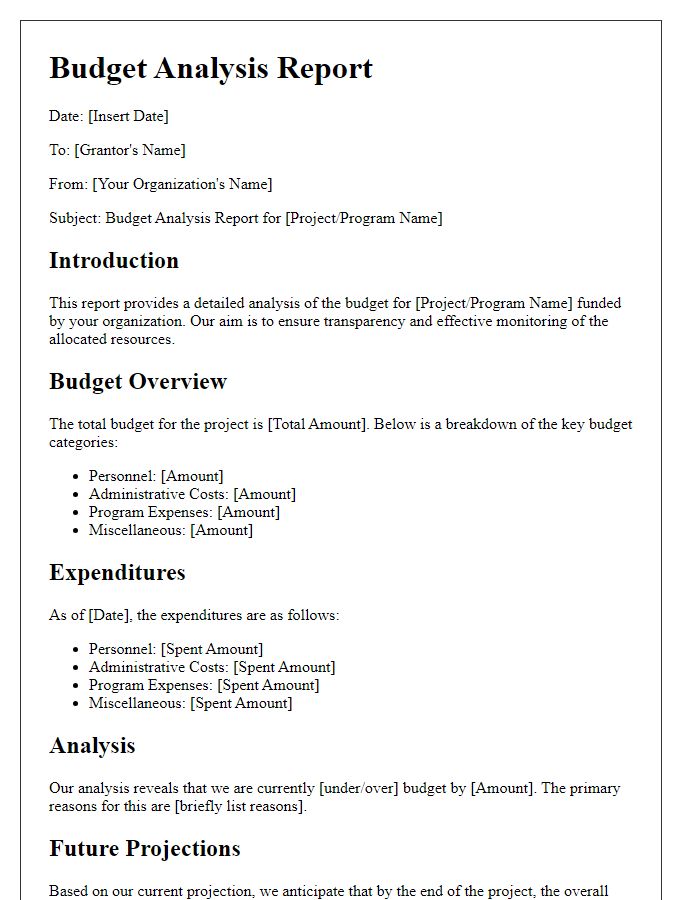 Letter template of budget analysis report for grantors