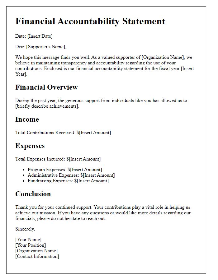 Letter template of financial accountability statement for supporters