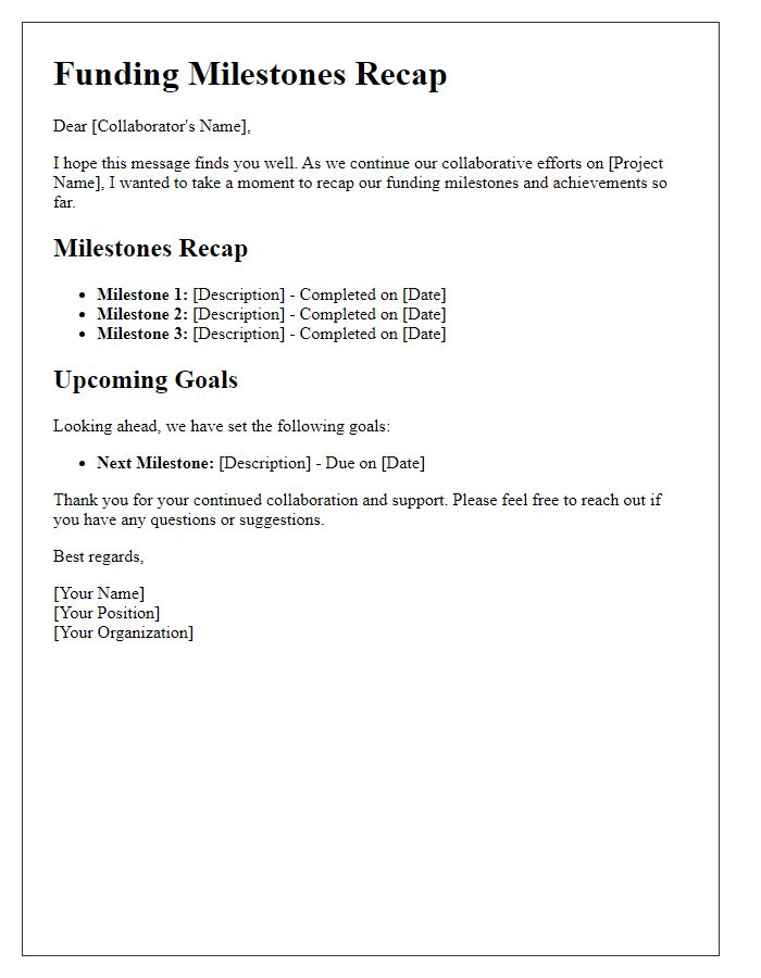 Letter template of funding milestones recap for collaborators
