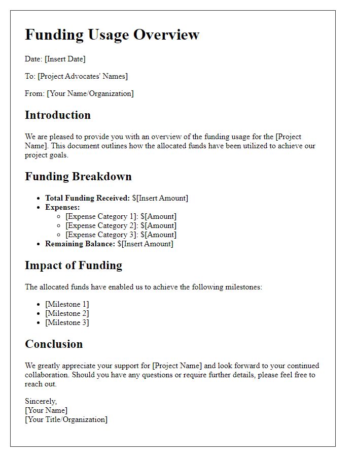 Letter template of funding usage overview for project advocates