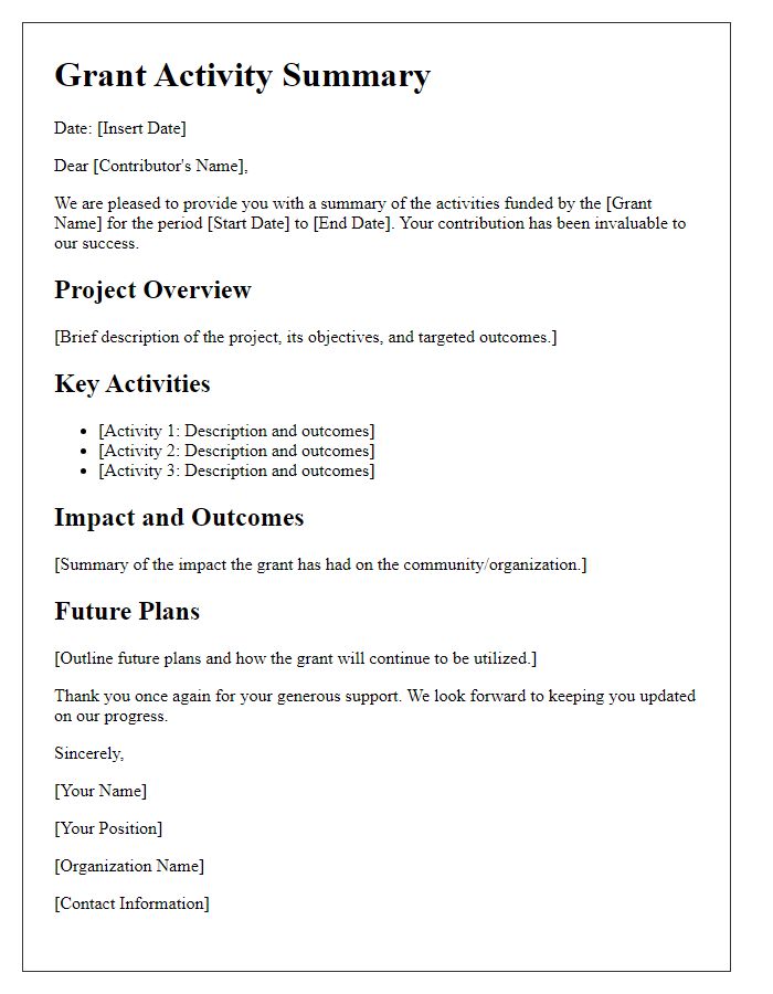 Letter template of grant activity summary for contributors