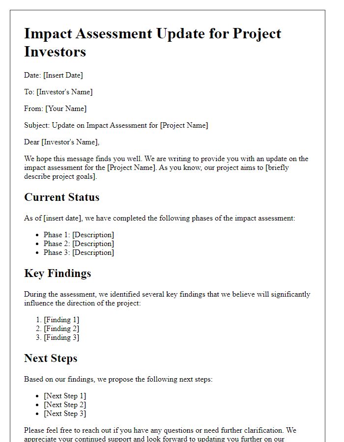 Letter template of impact assessment update for project investors