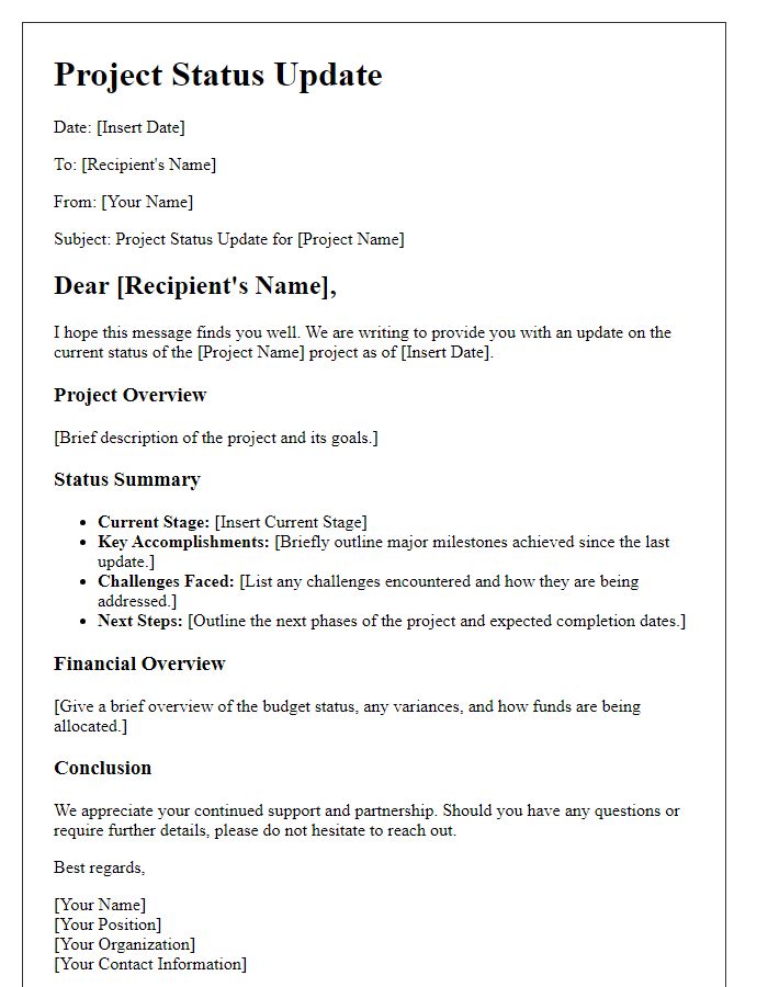 Letter template of project status update for financial partners