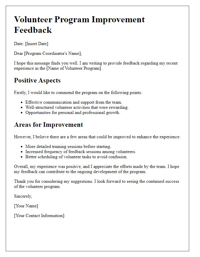 Letter template of Volunteer Program Improvement Feedback