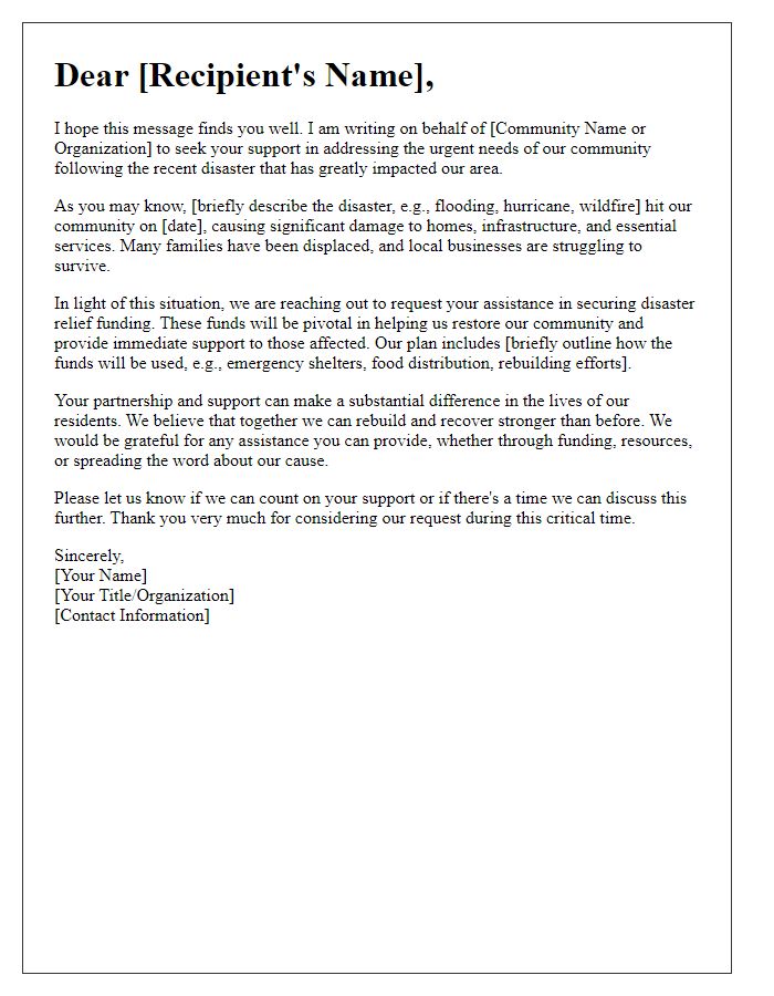 Letter template of community support plea for disaster relief funding