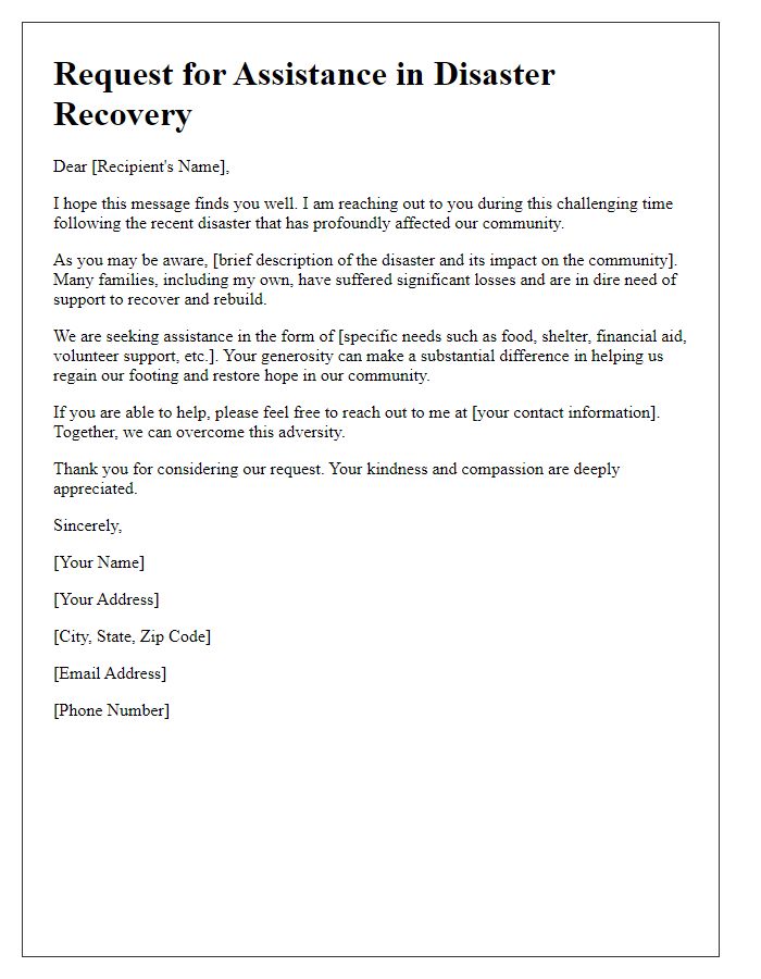 Letter template of compassionate request for help in disaster recovery