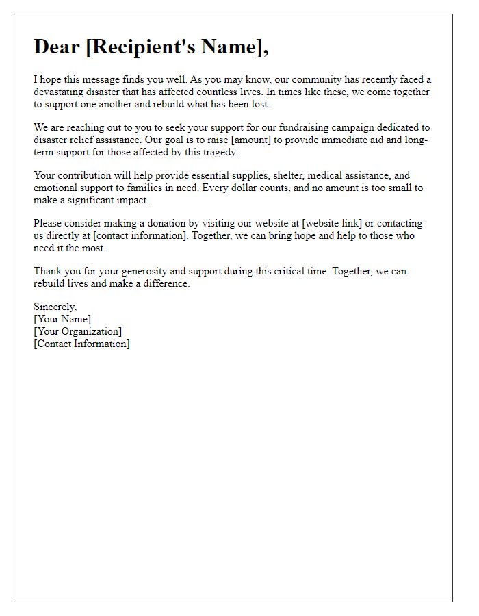 Letter template of fundraising outreach for disaster relief assistance