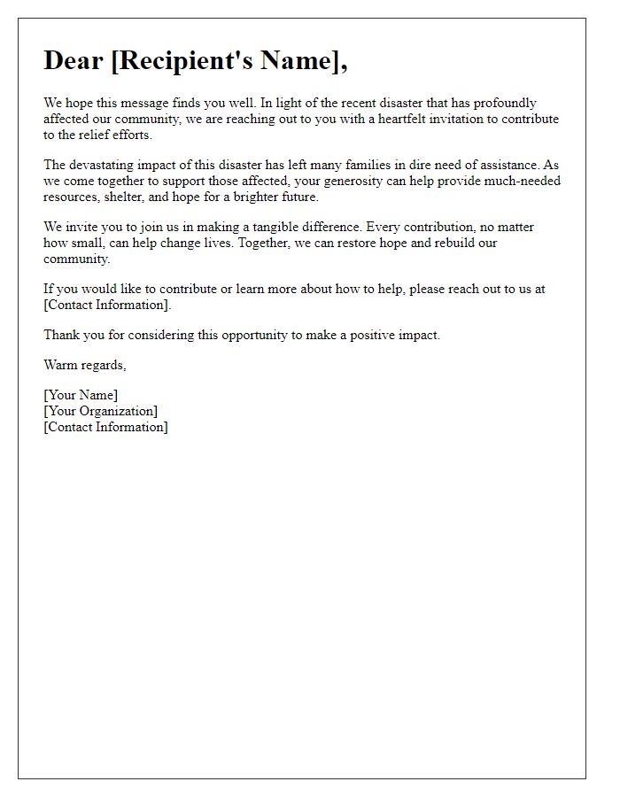 Letter template of heartfelt invitation to contribute to disaster relief