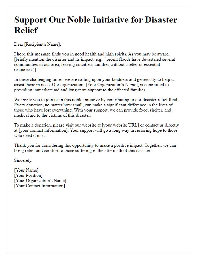 Letter template of noble initiative to gather donations for disaster aid