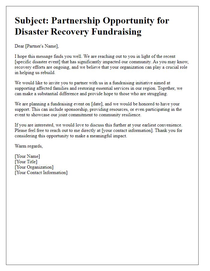 Letter template of outreach for partners in disaster recovery fundraising