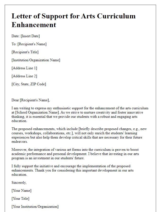 Letter template of arts curriculum enhancement support