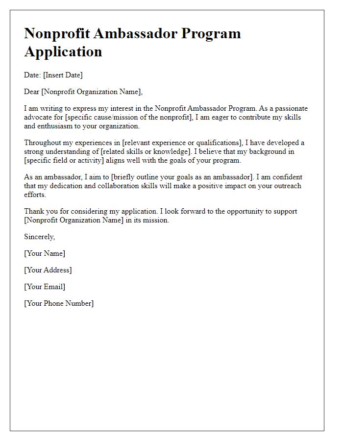 Letter template of nonprofit ambassador program application