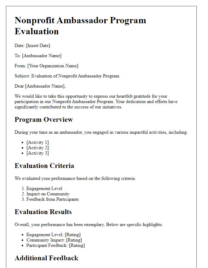 Letter template of nonprofit ambassador program evaluation