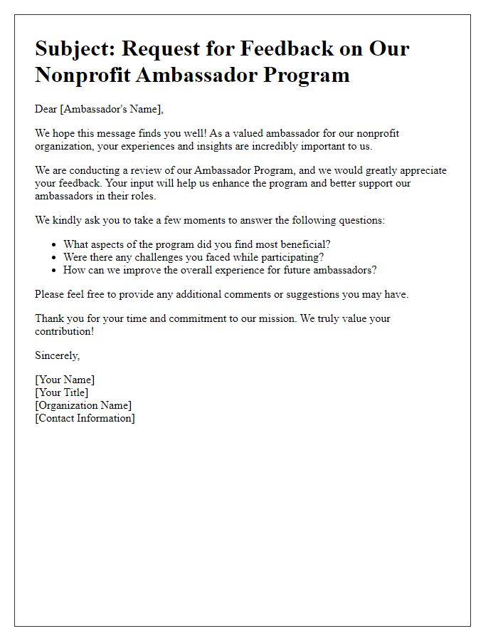 Letter template of nonprofit ambassador program feedback request