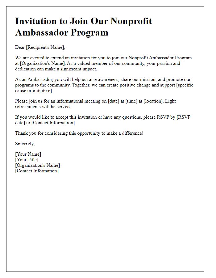 Letter template of nonprofit ambassador program invitation