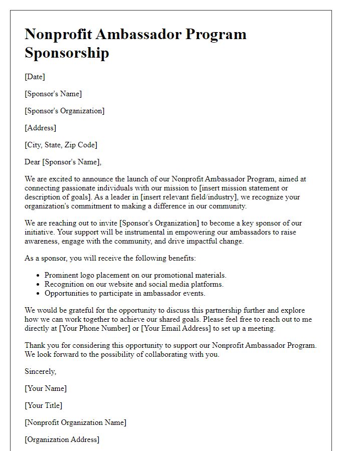 Letter template of nonprofit ambassador program sponsorship