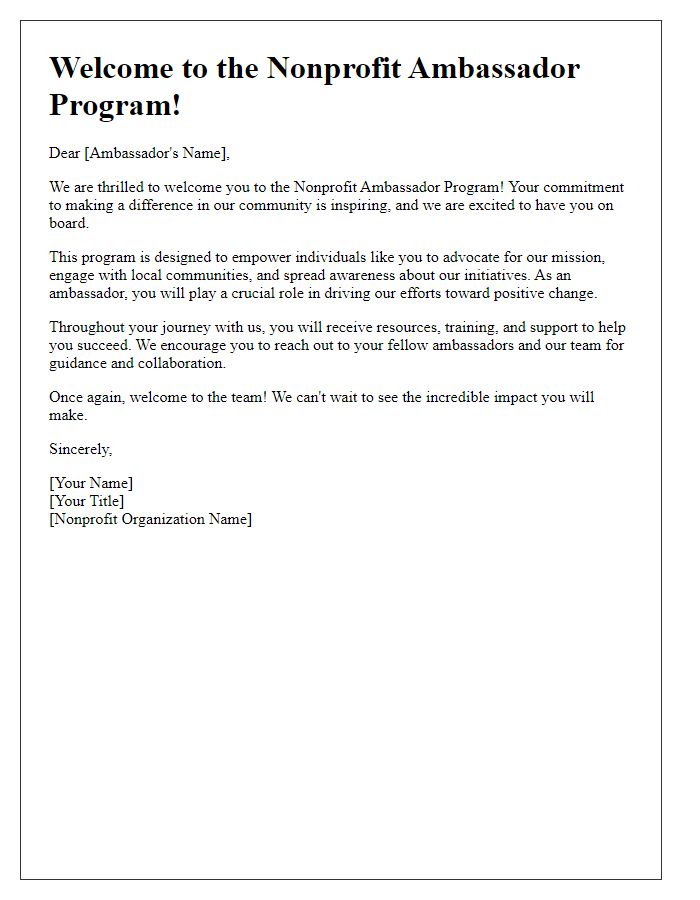 Letter template of nonprofit ambassador program welcome