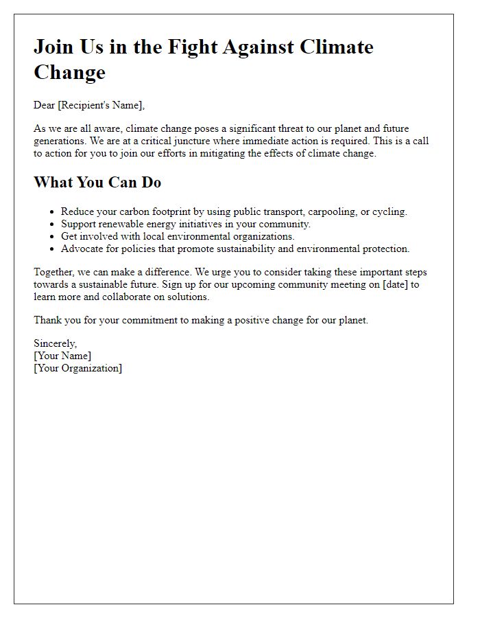 Letter template of a call to action for climate change mitigation efforts