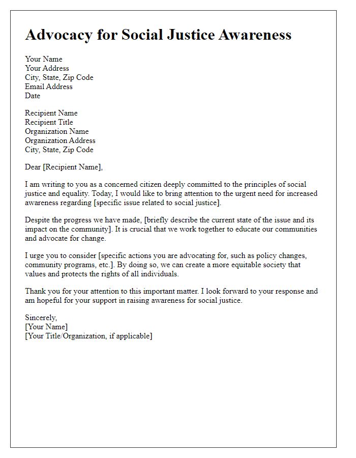 Letter template of advocacy for social justice awareness