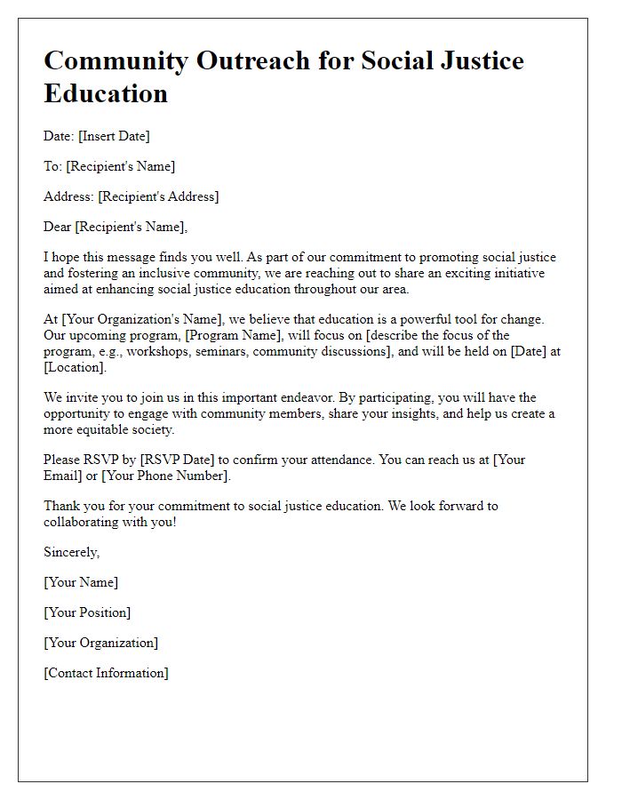 Letter template of community outreach for social justice education