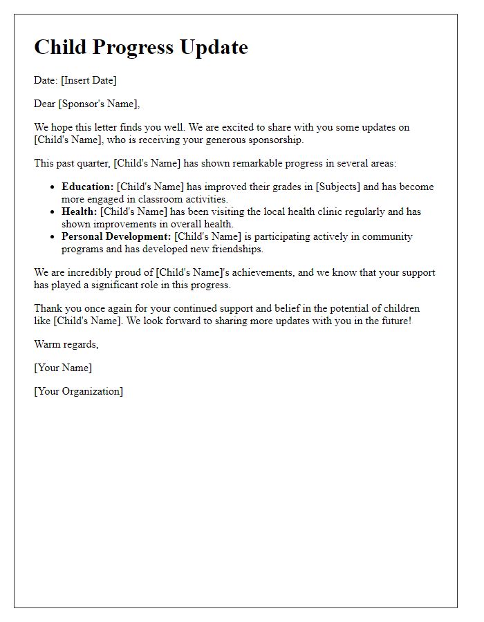 Letter template of updates on a child's progress in sponsorship.