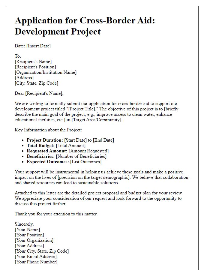 Letter template of cross-border aid application for development projects