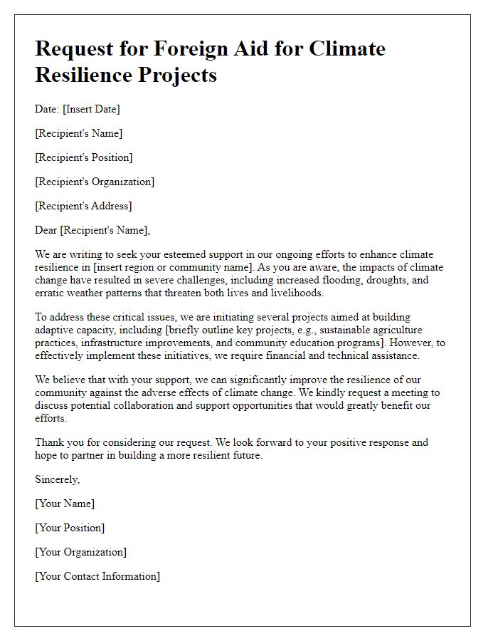 Letter template of foreign aid solicitation for climate resilience projects