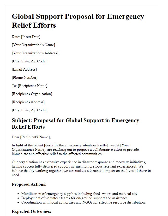 Letter template of global support proposal for emergency relief efforts