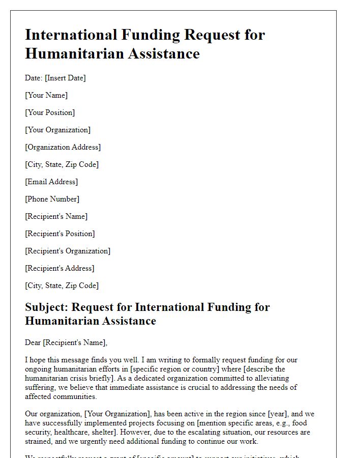 Letter template of international funding request for humanitarian assistance