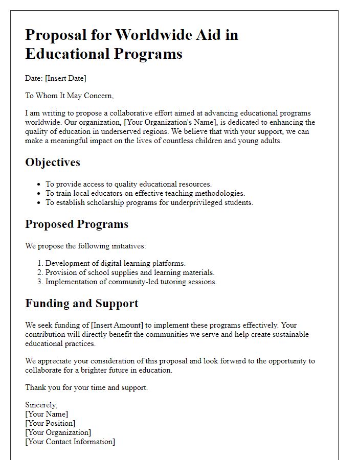 Letter template of worldwide aid proposal for educational programs