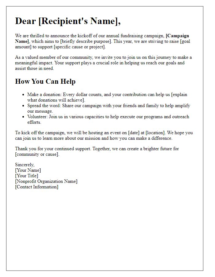 Letter template of nonprofit fundraising campaign kickoff