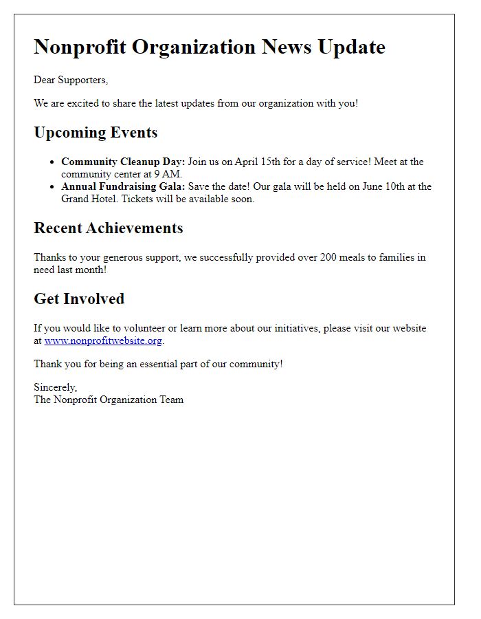 Letter template of nonprofit news update announcement