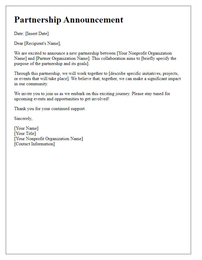 Letter template of nonprofit partnership announcement