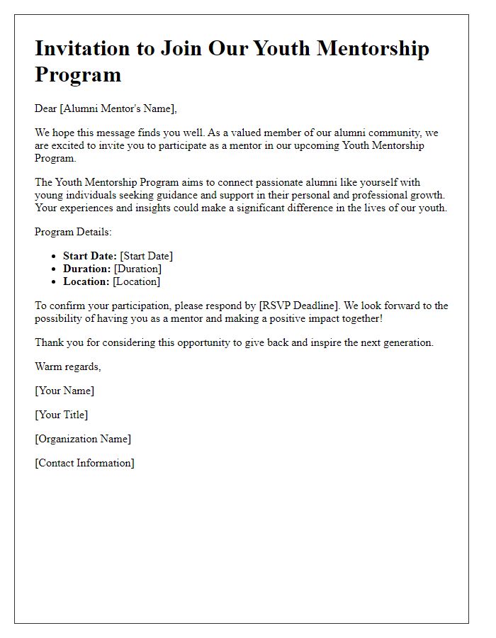 Letter template of Youth Mentorship Program Invitation for Alumni Mentors