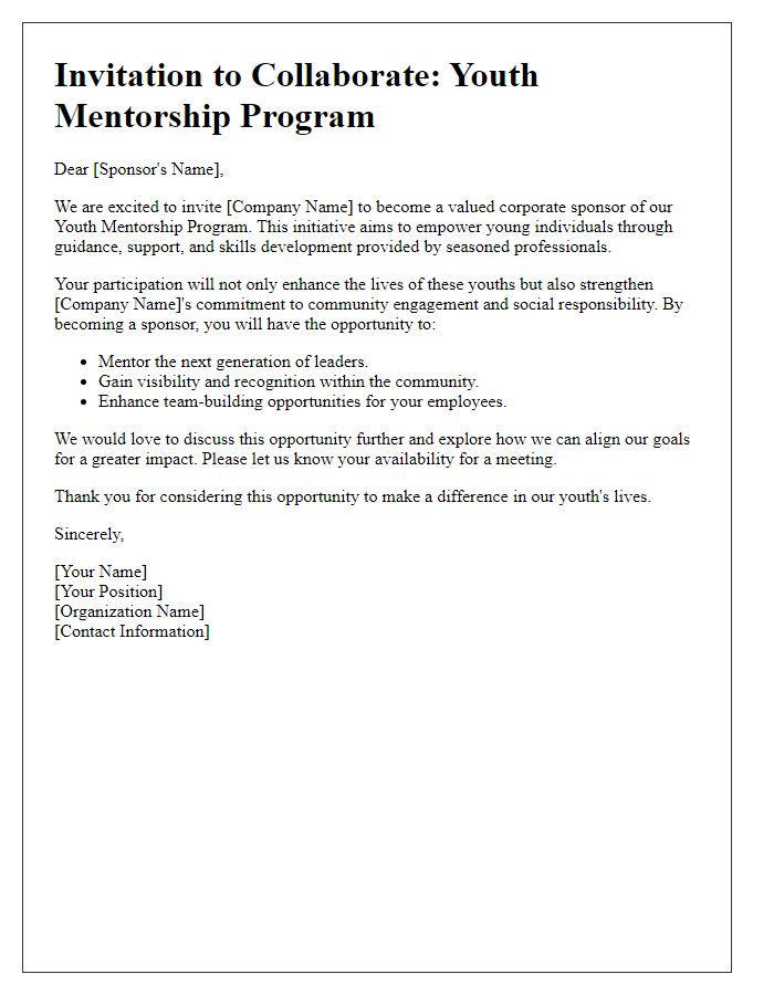 Letter template of Youth Mentorship Program Invitation for Corporate Sponsors