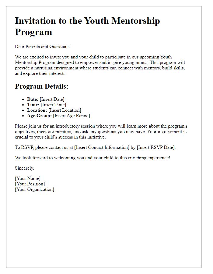 Letter template of Youth Mentorship Program Invitation for Parents and Guardians