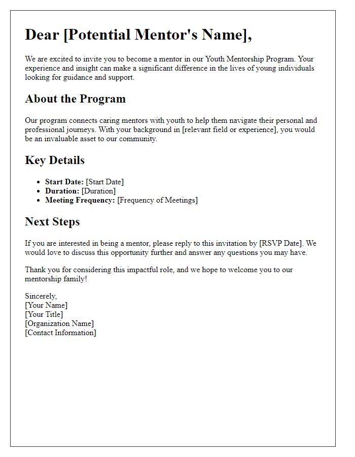 Letter template of Youth Mentorship Program Invitation for Potential Mentors