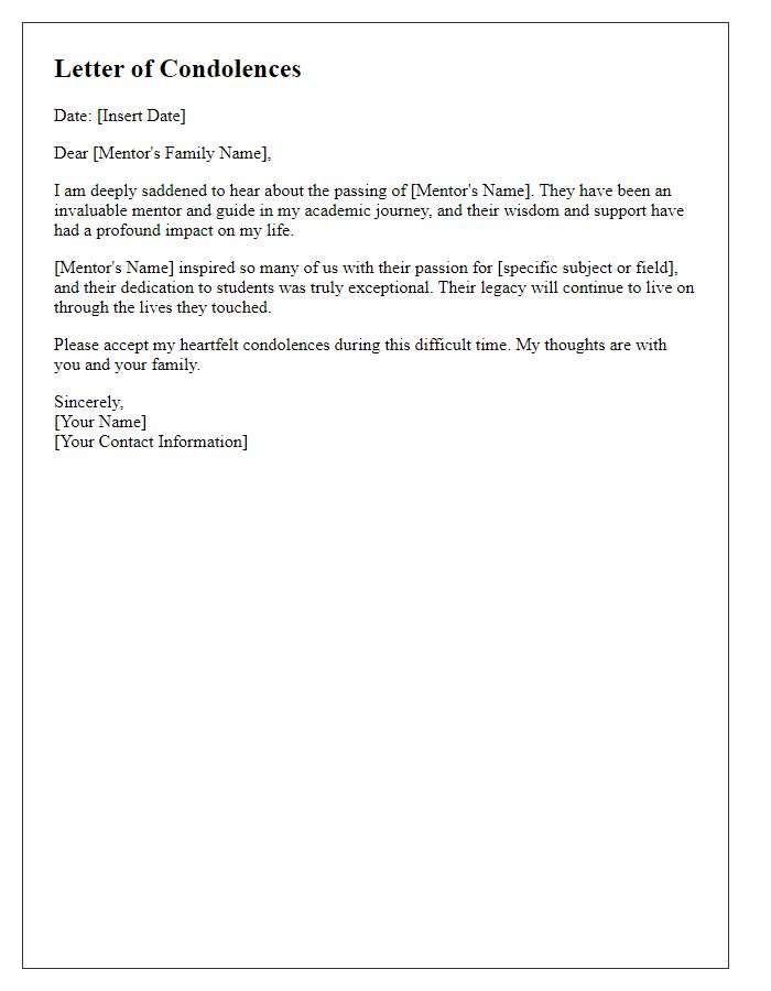 Letter template of respectful condolences for academic mentor