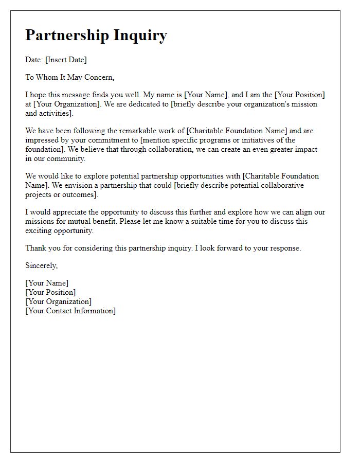 Letter template of partnership inquiry with a charitable foundation.