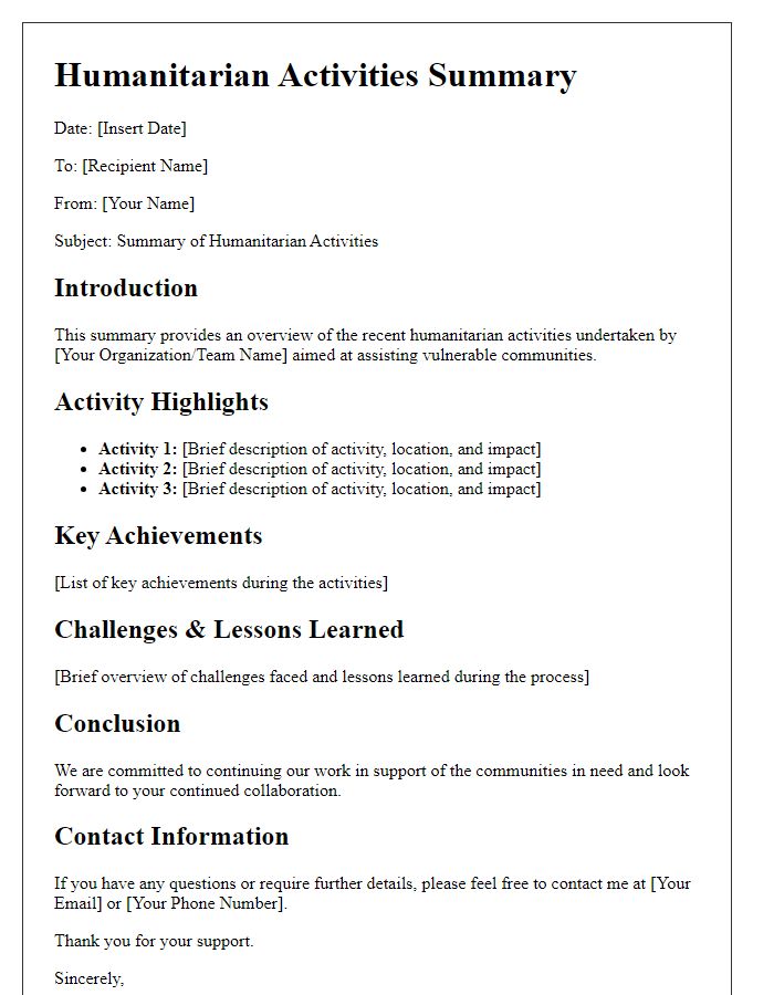 Letter template of humanitarian activities summary