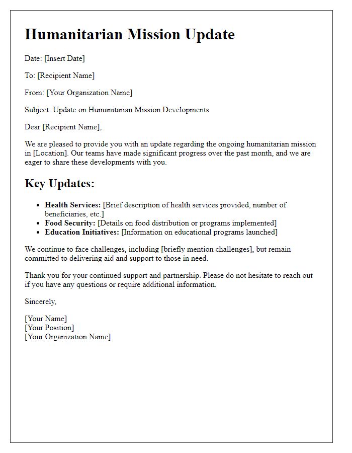 Letter template of humanitarian mission developments